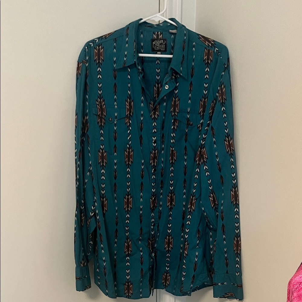Men's Teal Aztec-Print Long Sleeve Button-Down Shirt